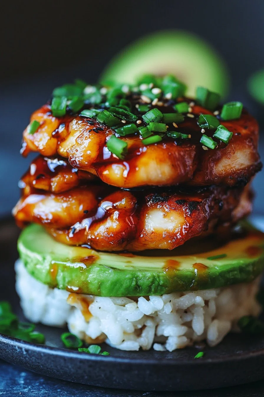 Teriyaki Chicken Avocado Rice Stack