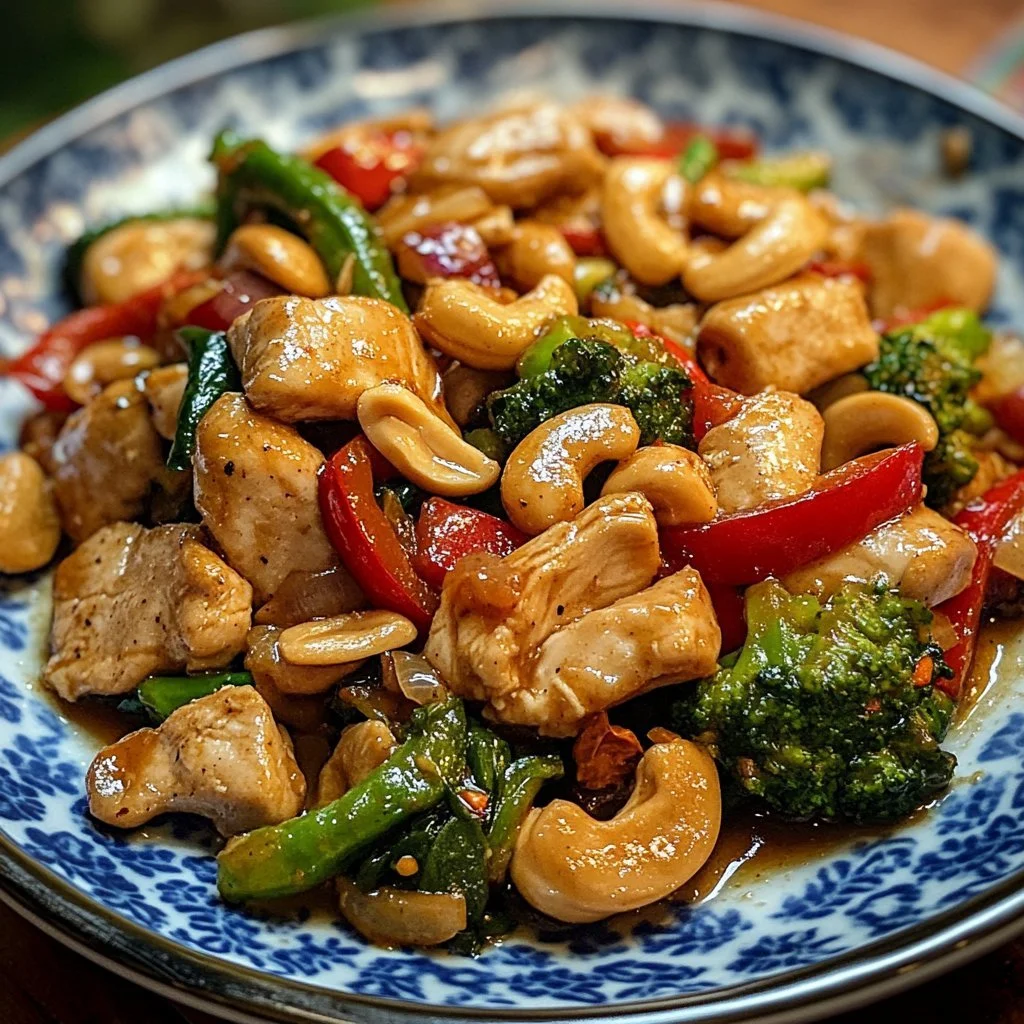 Thai Cashew Chicken Stir Fry 3 Delicious Thai cashew chicken stir fry served in a bowl with fresh vegetables.
