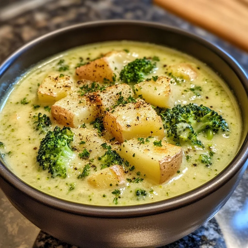 Creamy broccoli potato cheese soup in a bowl garnished with fresh herbs