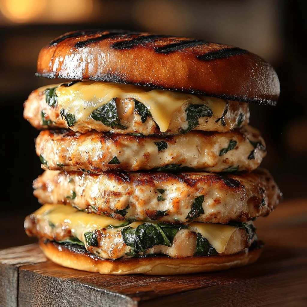 White Cheddar and Spinach Chicken Burgers served with fresh toppings