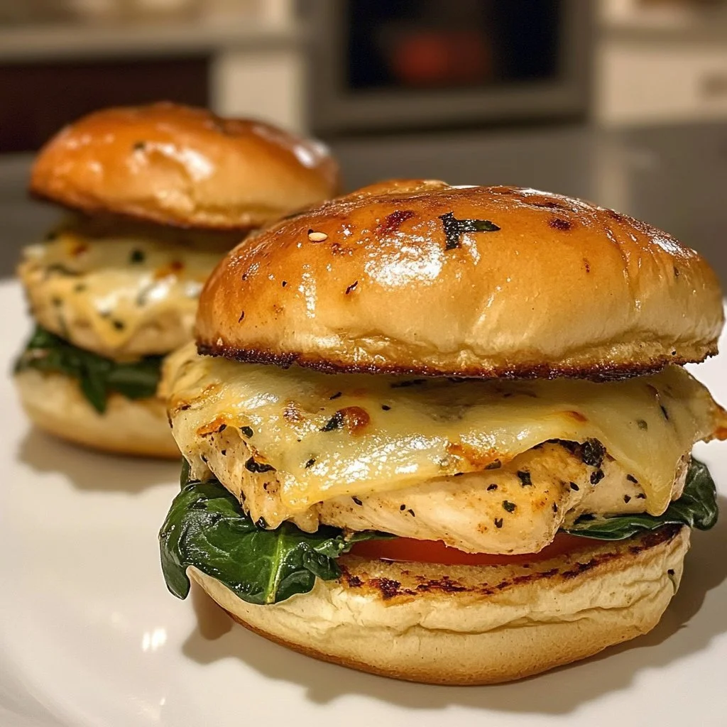White cheddar and spinach chicken burgers served on a rustic plate