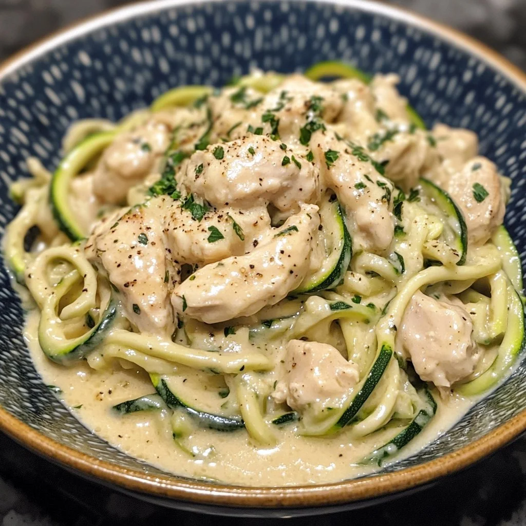 Zucchini Noodle Chicken Alfredo 3 Zucchini noodle chicken alfredo served in a bowl, garnished with herbs