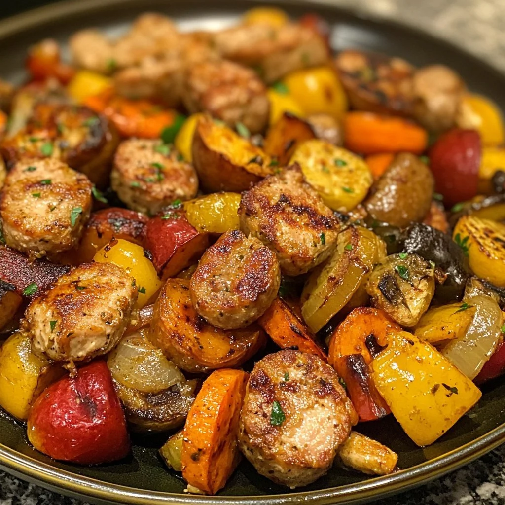 10 Minute Air Fryer Chicken Sausage with colorful veggies for a healthy meal