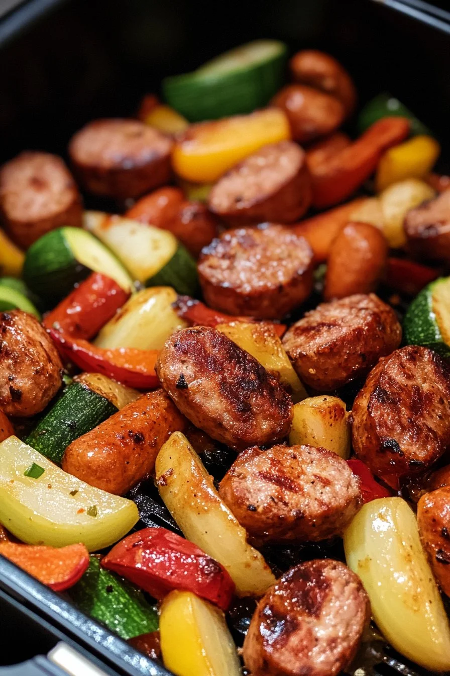 10 Minute Air Fryer Chicken Sausage and Veggies