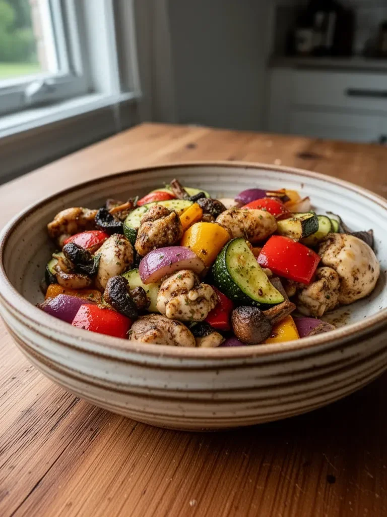 Quick air fryer roasted chicken with vegetables ready in 10 minutes.