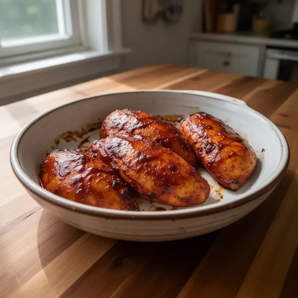 30-minute BBQ Baked Chicken Breasts with sauce on a plate