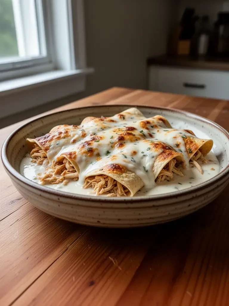 Delicious chicken enchiladas with a creamy white sauce, rich in protein.