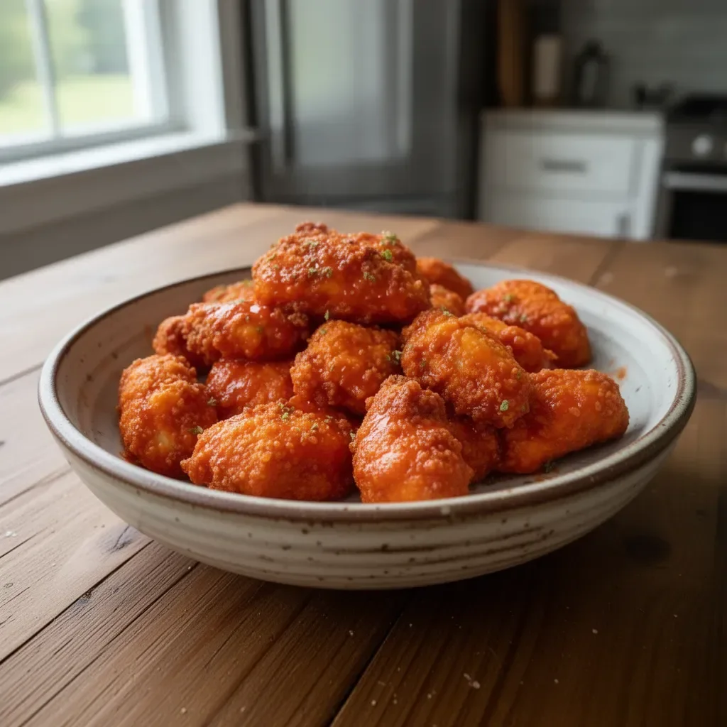 Crispy Air Fryer Buffalo Chicken garnished with celery and blue cheese dressing