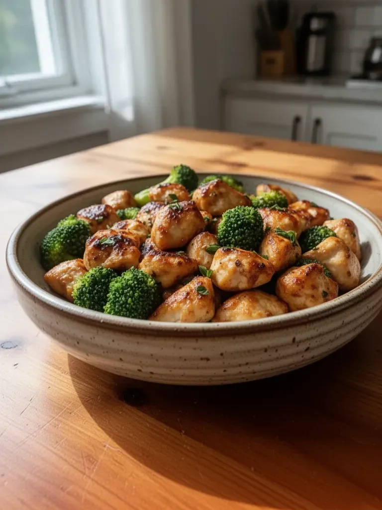 Crispy air fryer chicken bites served with broccoli for a healthy meal.