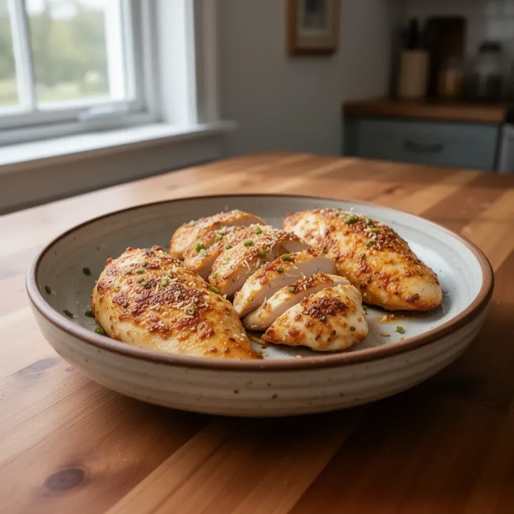 Air Fryer Garlic Parmesan Chicken (No Breading) 3 Delicious Air Fryer Garlic Parmesan Chicken without breading, served hot