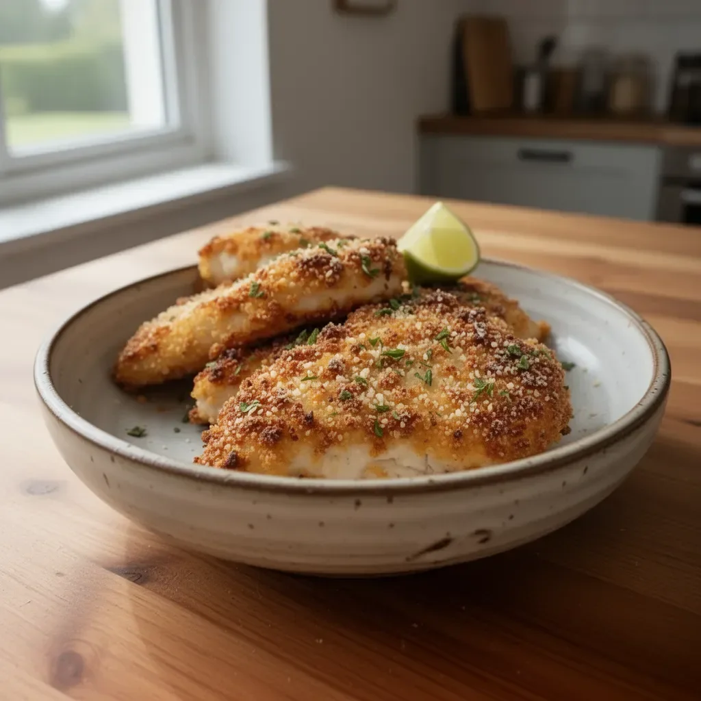 Air Fryer Parmesan Crusted Chicken served with herbs and lemon wedges