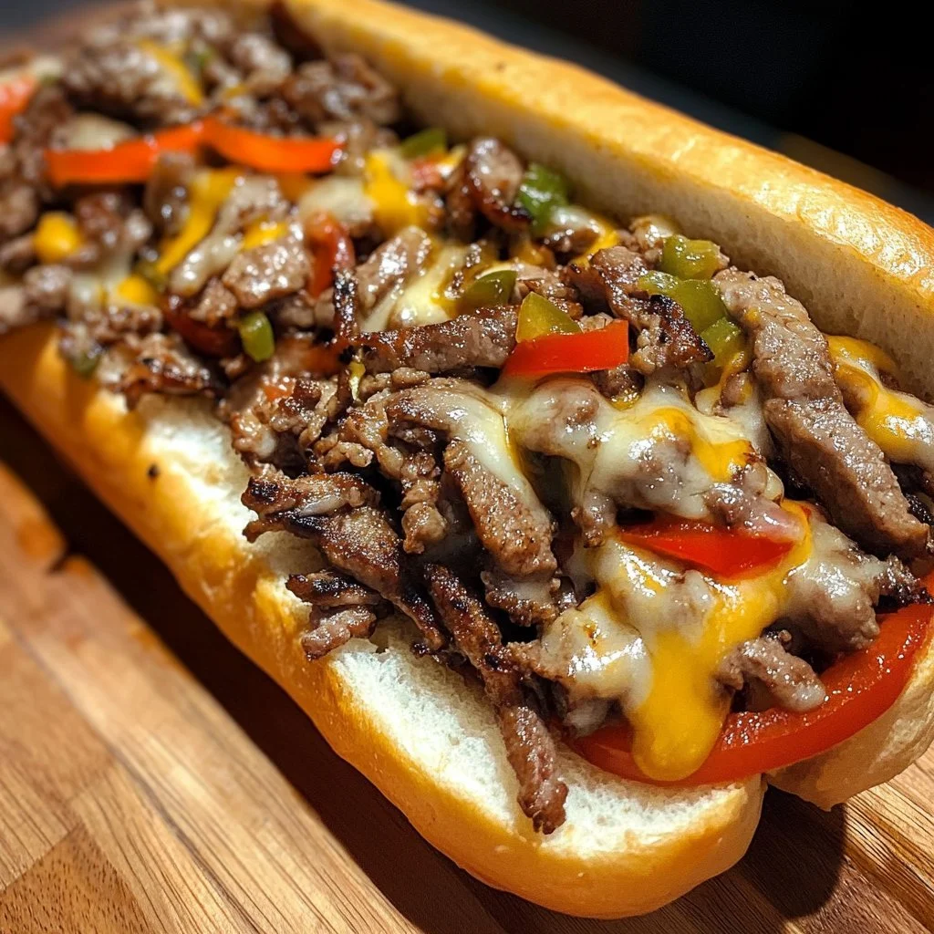 Authentic Blackstone Philly Cheesesteak on a toasted roll with melted cheese.