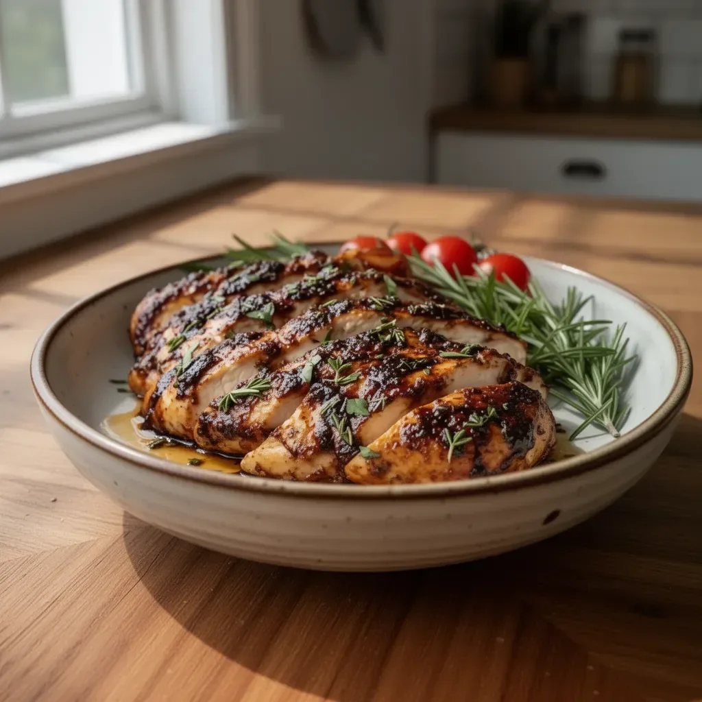 Balsamic baked chicken breast garnished with herbs and served on a plate.