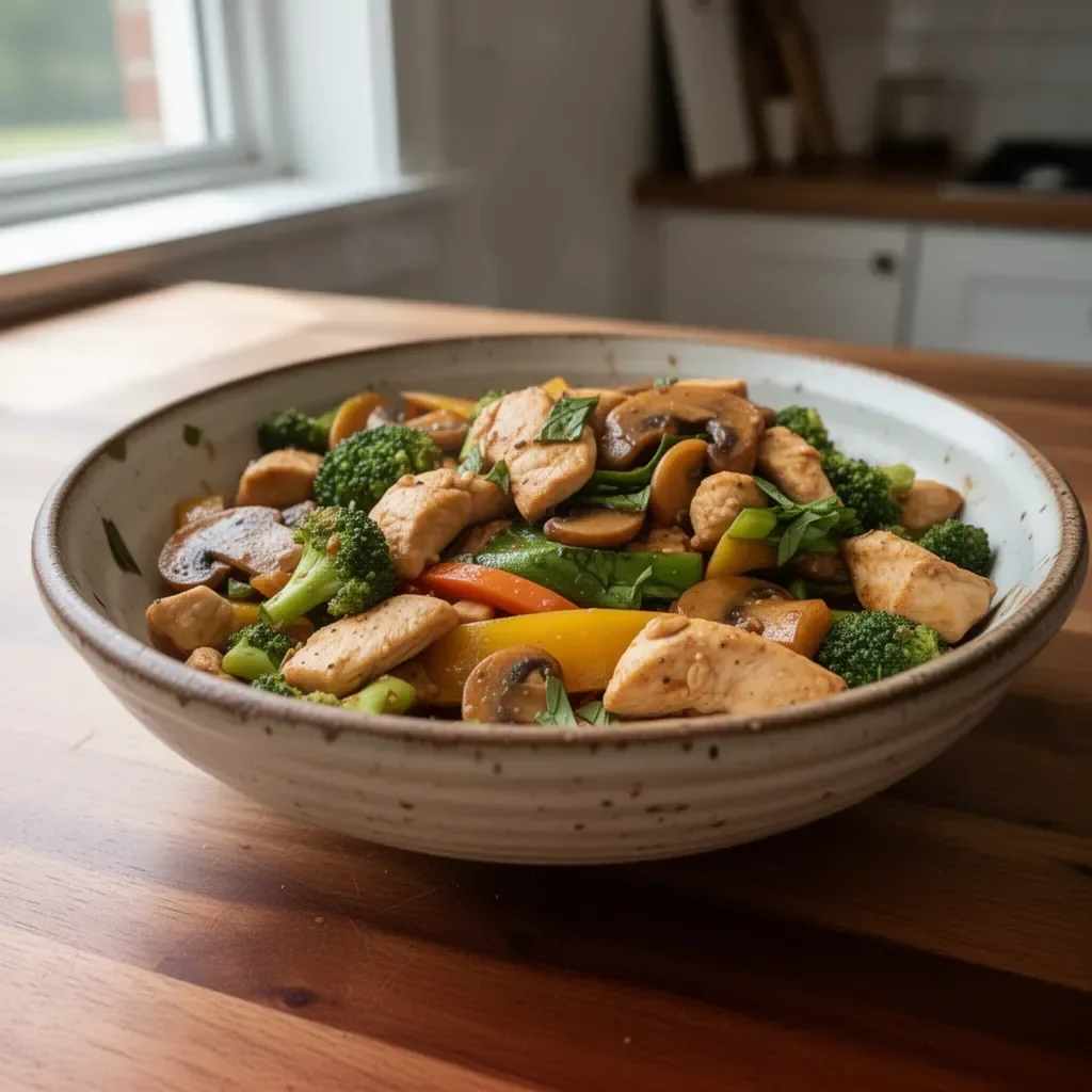 Delicious garlic chicken vegetable stir fry with colorful veggies