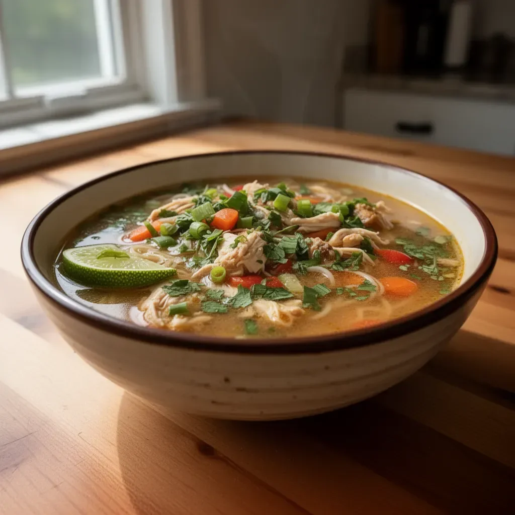 Bowl of Thai chicken soup with fresh herbs and spices, better than takeout.