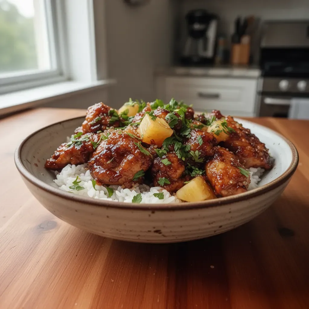 Delicious Brown Sugar Pineapple Chicken served on a plate with colorful vegetables.