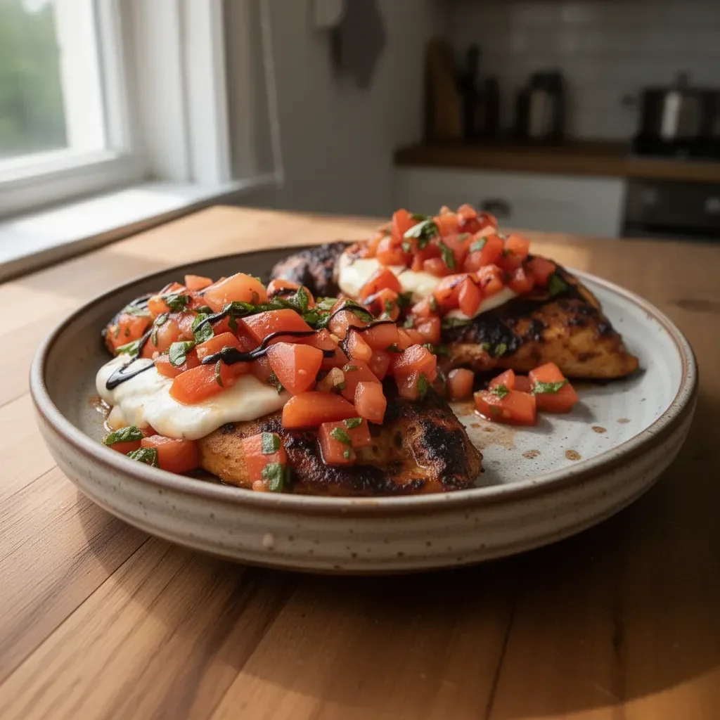Delicious Bruschetta Chicken topped with fresh tomatoes and basil.