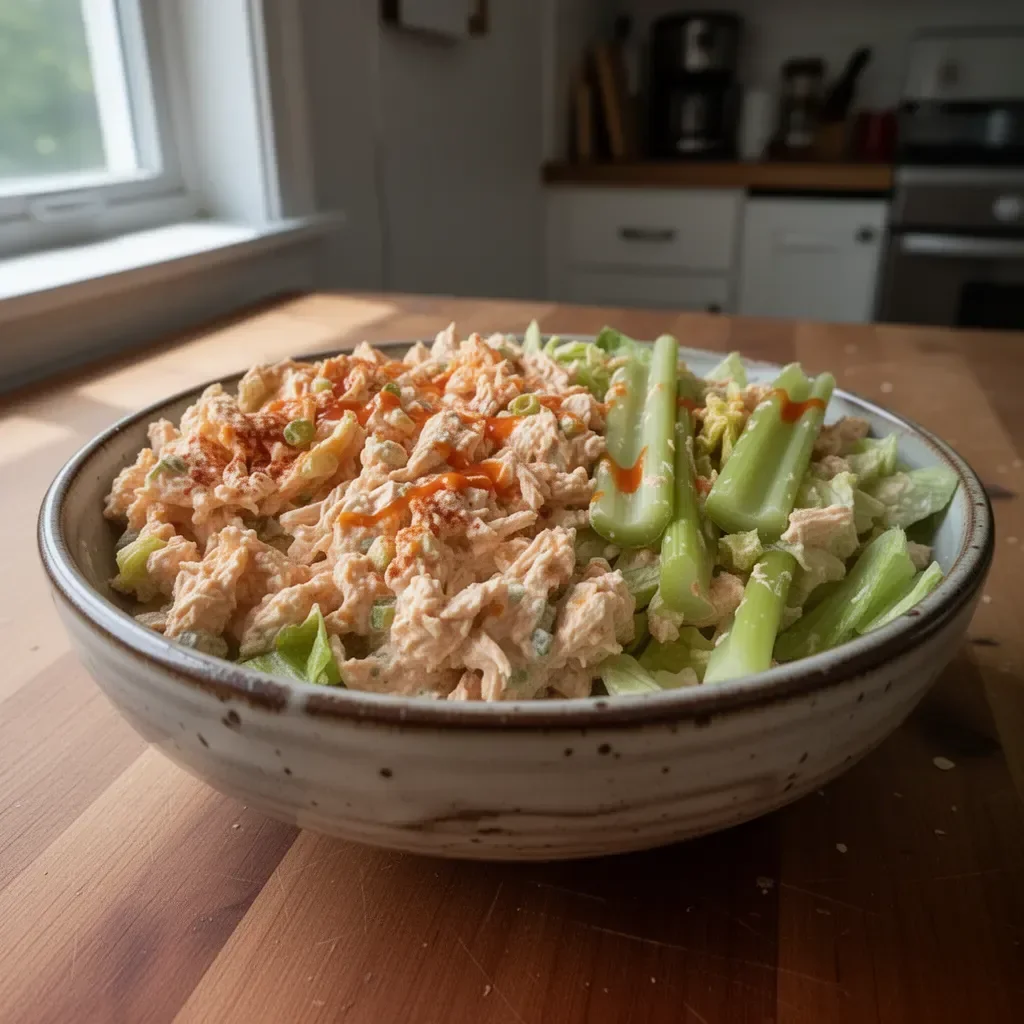Healthy Buffalo Chicken Salad with fresh vegetables and spicy dressing