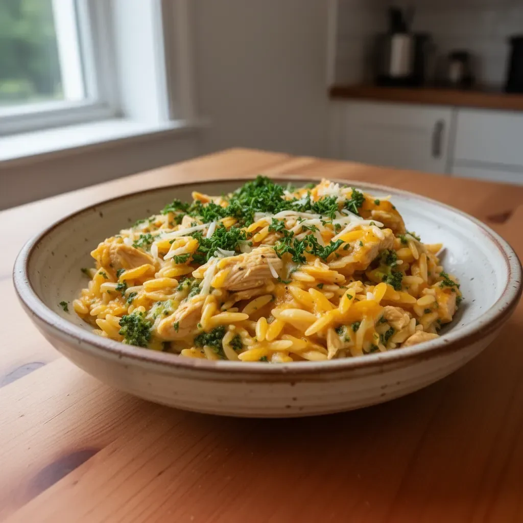 Bowl of Cheesy Chicken Broccoli Orzo topped with melted cheese and fresh broccoli.