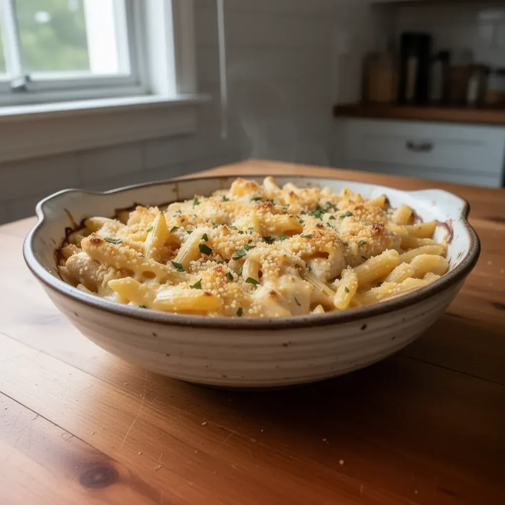 Cheesy Garlic Parmesan Chicken Pasta Bake topped with herbs and cheese