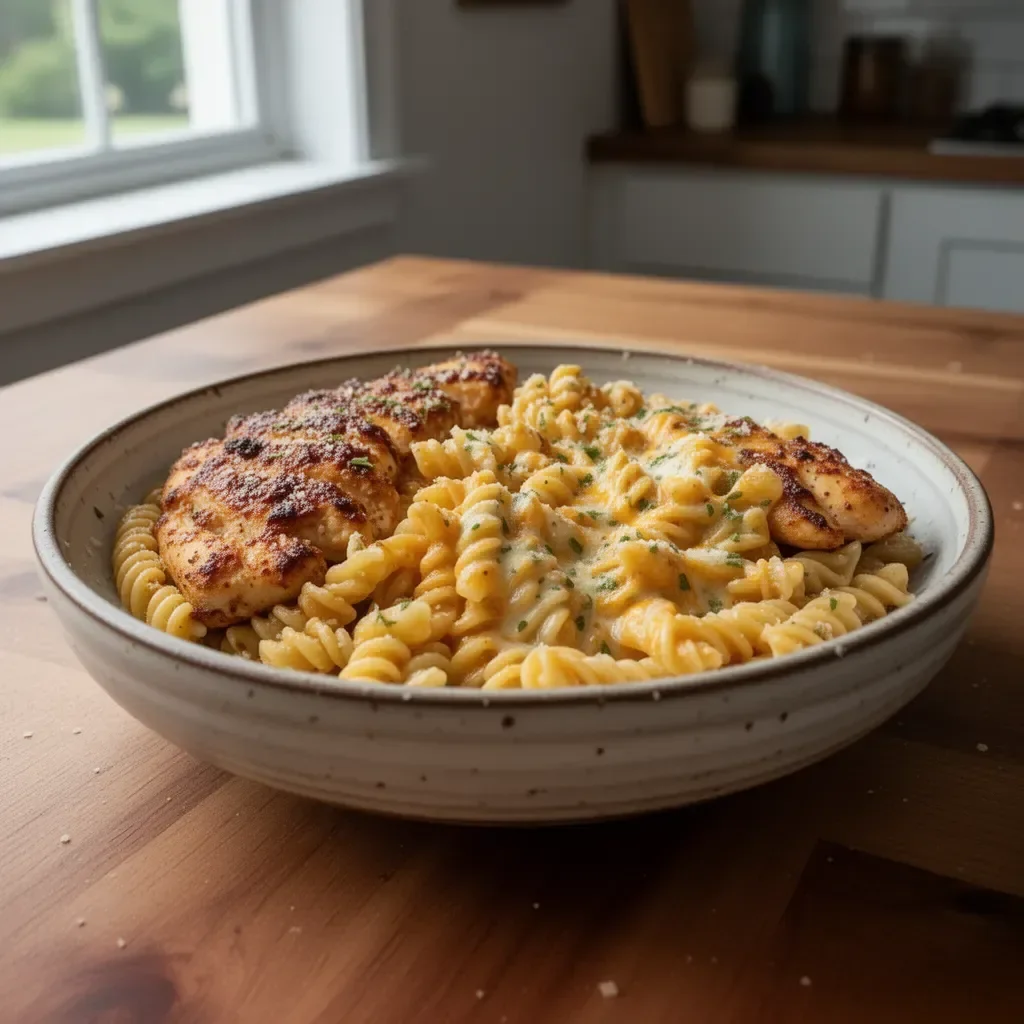 Cheesy Rotini with Garlic Parmesan Chicken served in a bowl