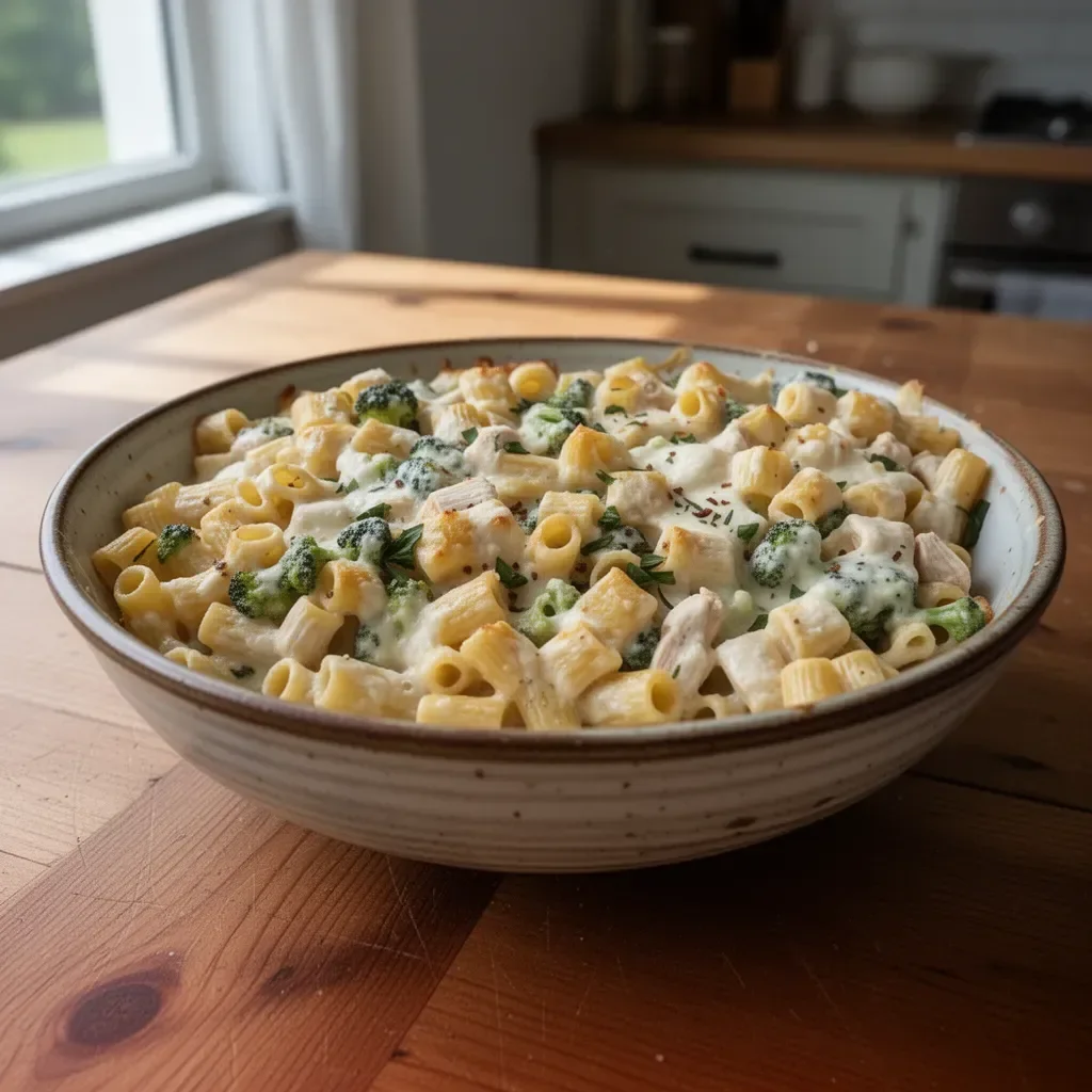 Delicious Chicken Alfredo Pasta Bake served in a casserole dish
