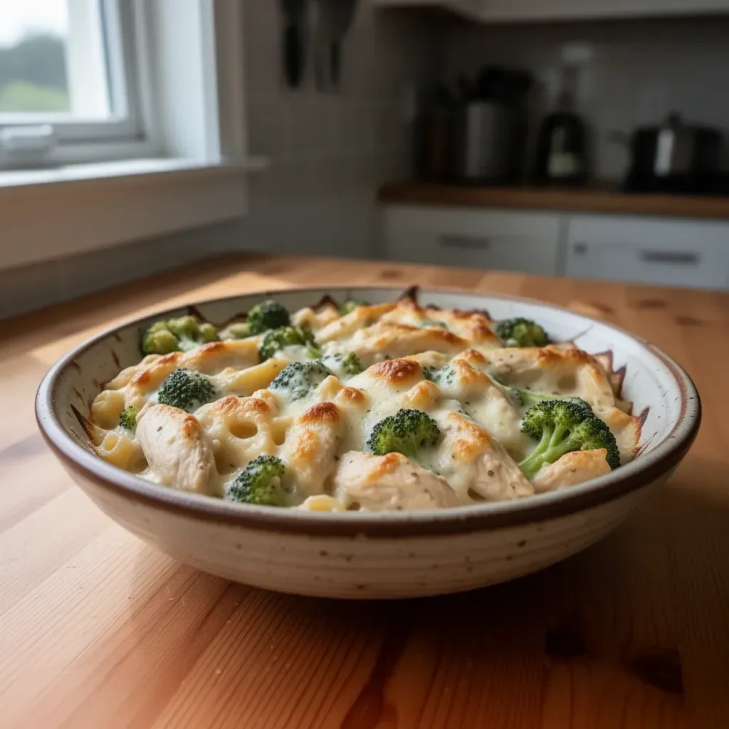 Delicious Chicken and Broccoli Baked Alfredo dish served in a bowl.