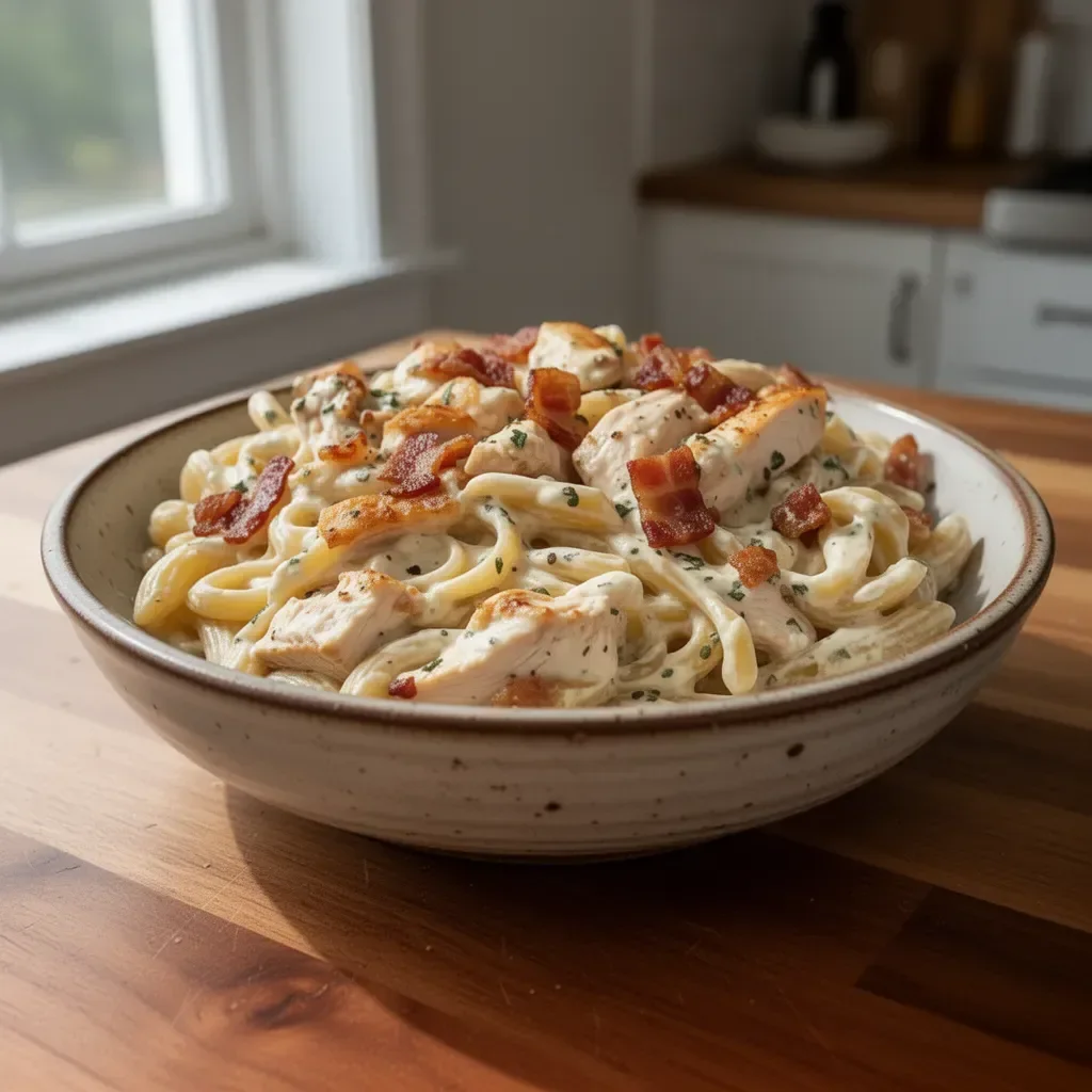 Delicious Chicken Bacon Ranch Pasta served in a bowl with toppings