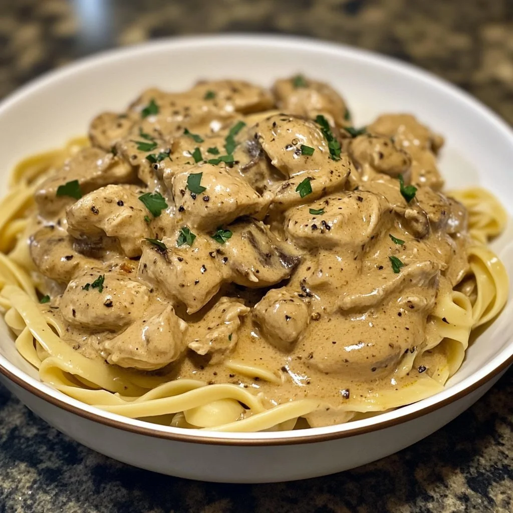 A creamy chicken stroganoff dish served with egg noodles and garnished with parsley