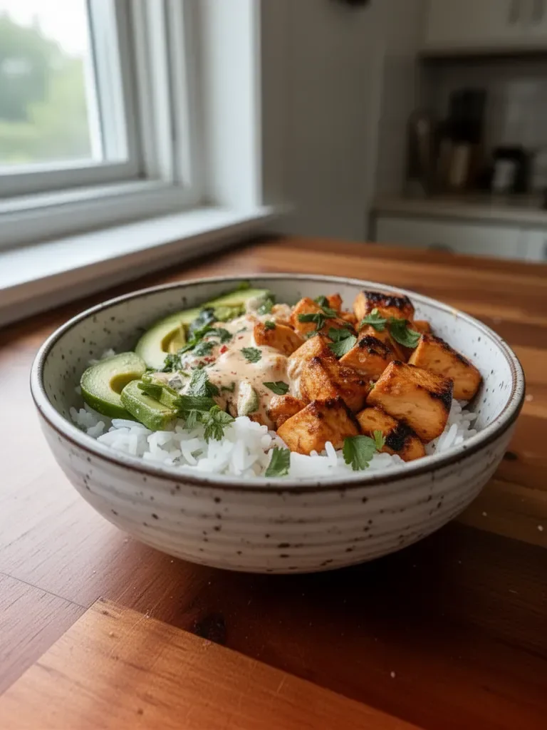 Delicious Coconut Chicken Rice Bowl with fresh ingredients and tropical toppings