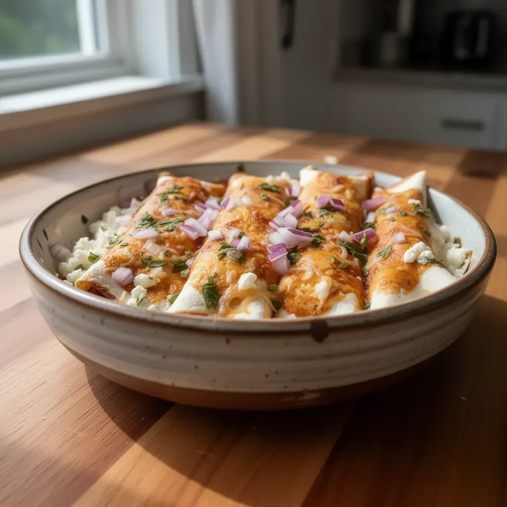 Delicious high-protein chicken enchiladas made with cottage cheese