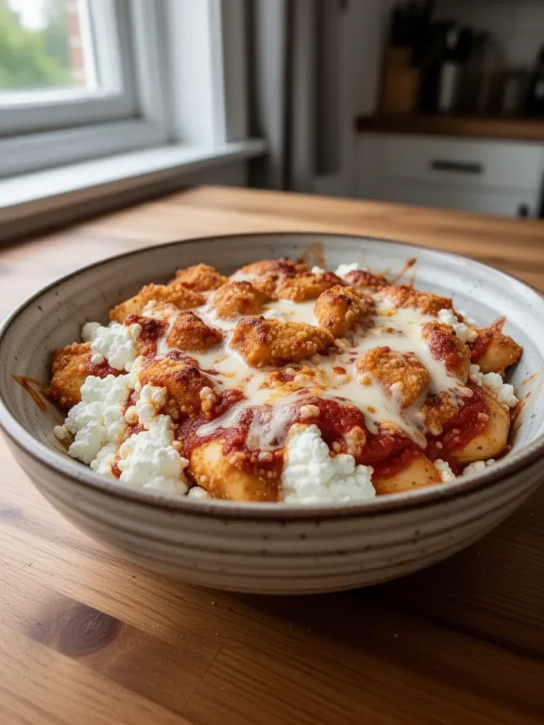 Cottage Cheese Chicken Parmesan Bowl 3 Cottage Cheese Chicken Parmesan Bowl served in a bowl with garnish
