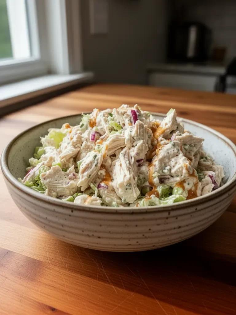 Cottage Cheese Chicken Salad with fresh vegetables and herbs in a bowl