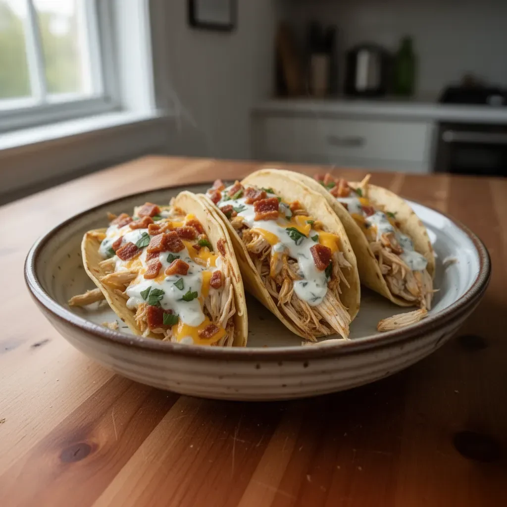 Delicious creamy cheddar ranch chicken tacos served with fresh toppings