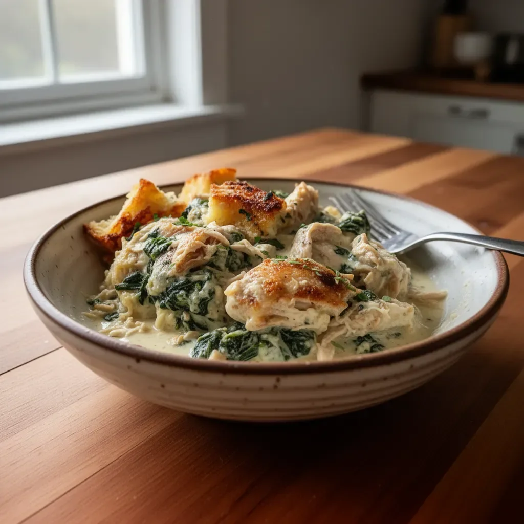 Creamy chicken and spinach casserole baked dish garnished with herbs.