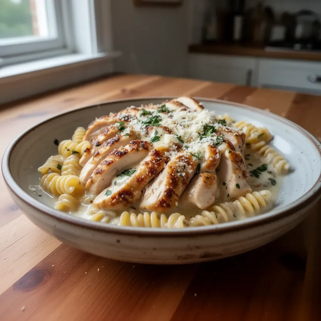 Creamy garlic butter chicken with rotini in Parmesan sauce garnished with herbs.
