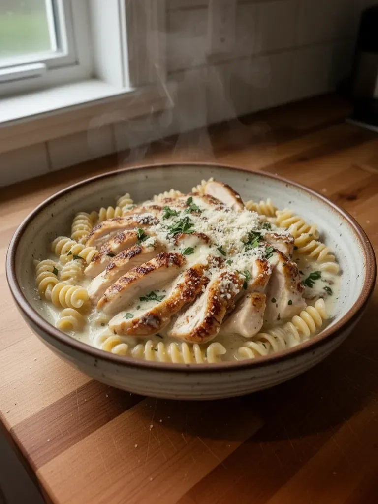 Creamy Garlic Butter Chicken and Rotini in Parmesan Sauce
