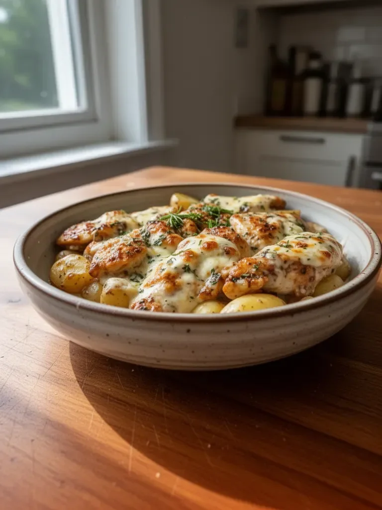 Creamy garlic cheesy chicken served with potatoes, a delicious comfort food meal.