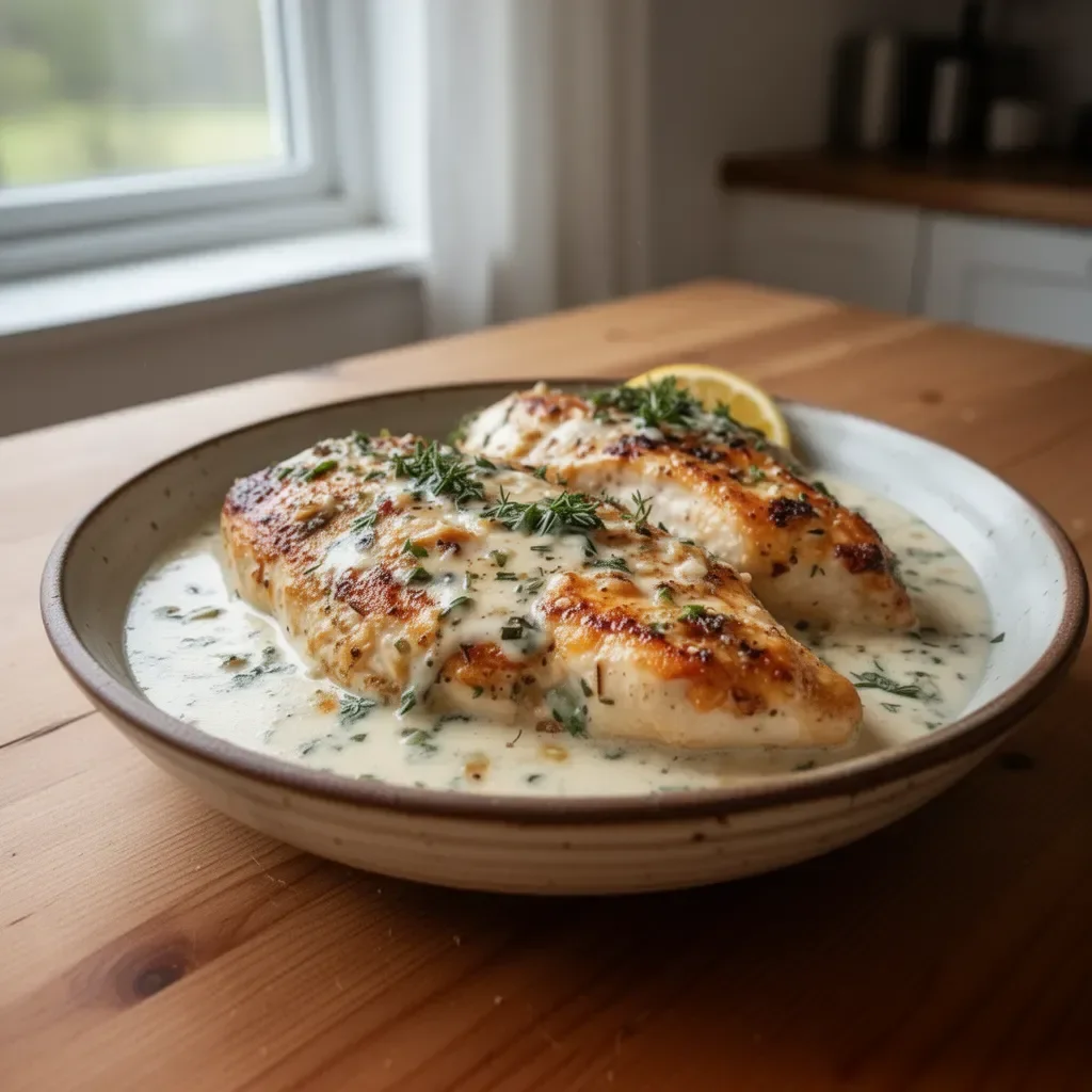 Creamy garlic chicken breasts served on a plate with herbs
