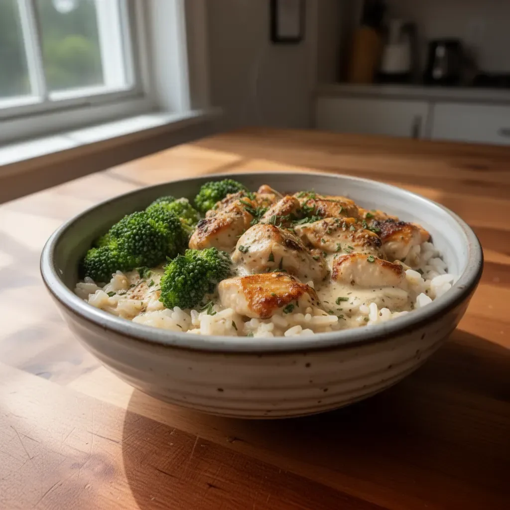 Creamy garlic chicken rice bowls topped with green onions on a white plate.