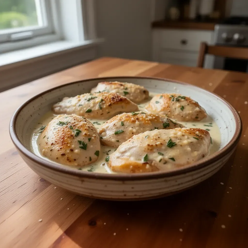 Creamy garlic parmesan chicken served on a plate with fresh herbs.