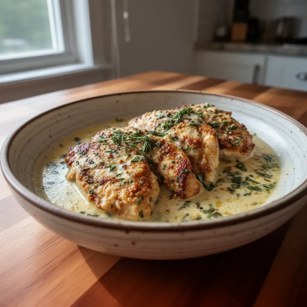 Creamy Garlic Parmesan Chicken Breast on a plate garnished with herbs