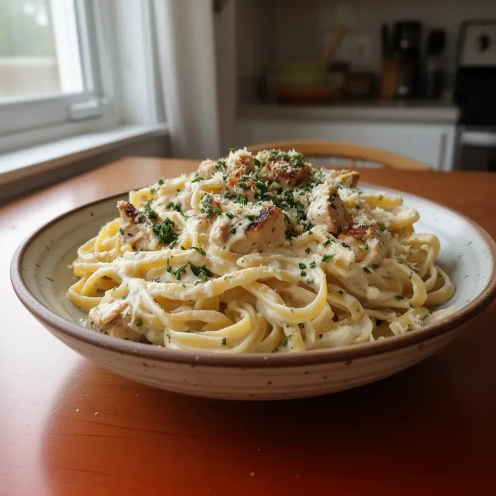 A plate of creamy garlic parmesan chicken pasta garnished with parsley
