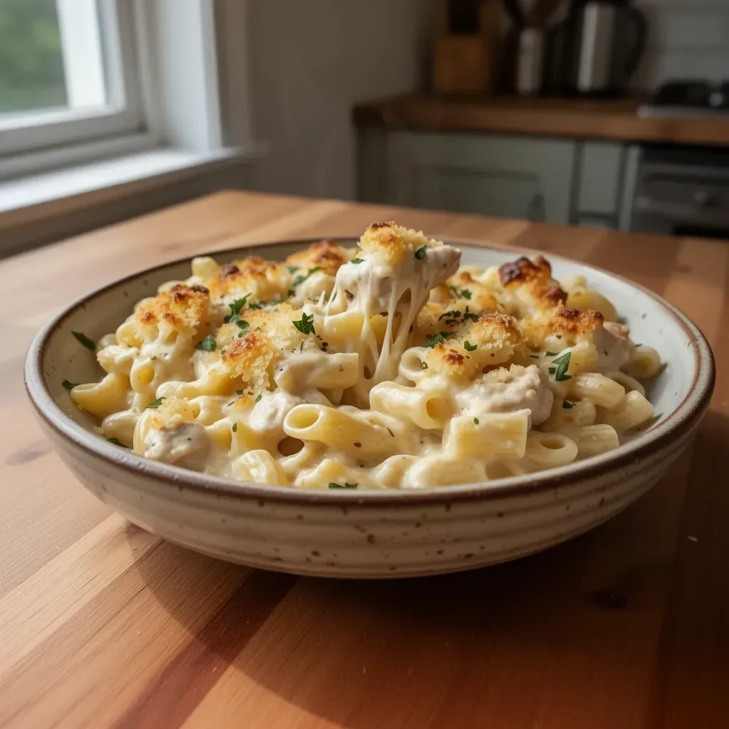 Creamy garlic parmesan chicken pasta bake in a casserole dish