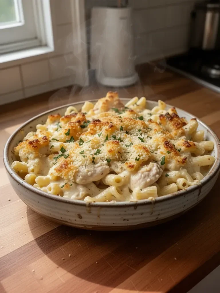 Creamy Garlic Parmesan Chicken Pasta Bake