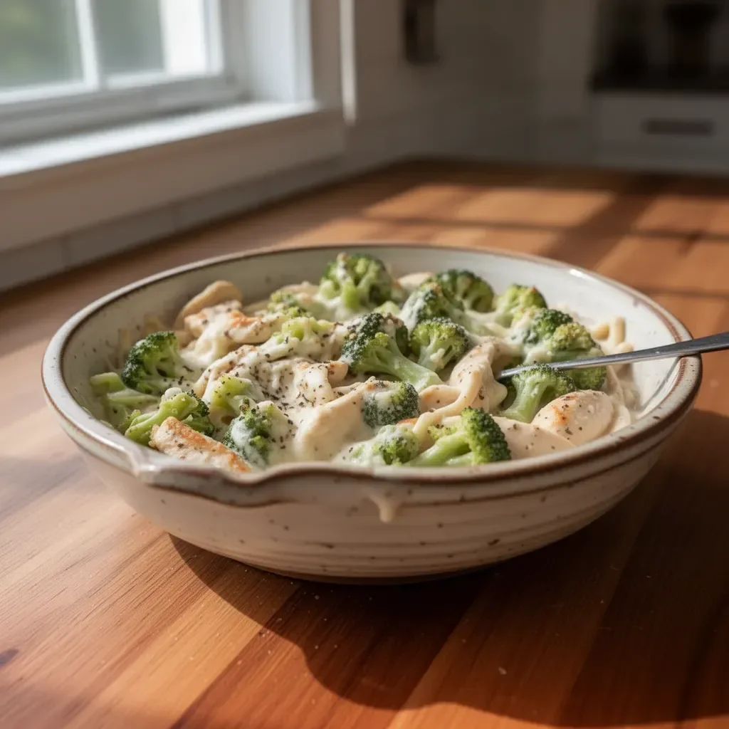 Creamy Keto Chicken Alfredo with Broccoli Bake served on a plate