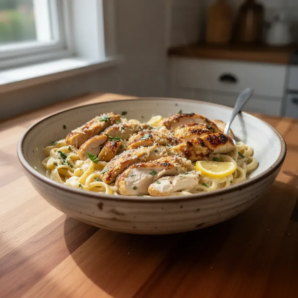Delicious creamy lemon chicken pasta served with herbs