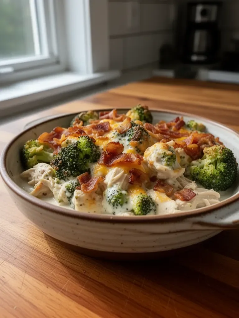 Creamy low carb chicken casserole with broccoli and bacon in a baking dish