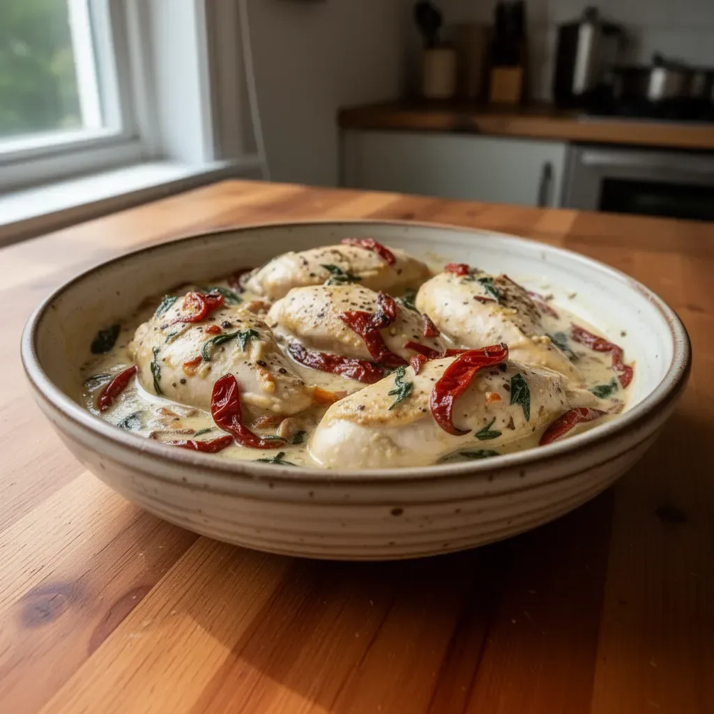 Delicious creamy Tuscan garlic chicken skillet served with fresh herbs