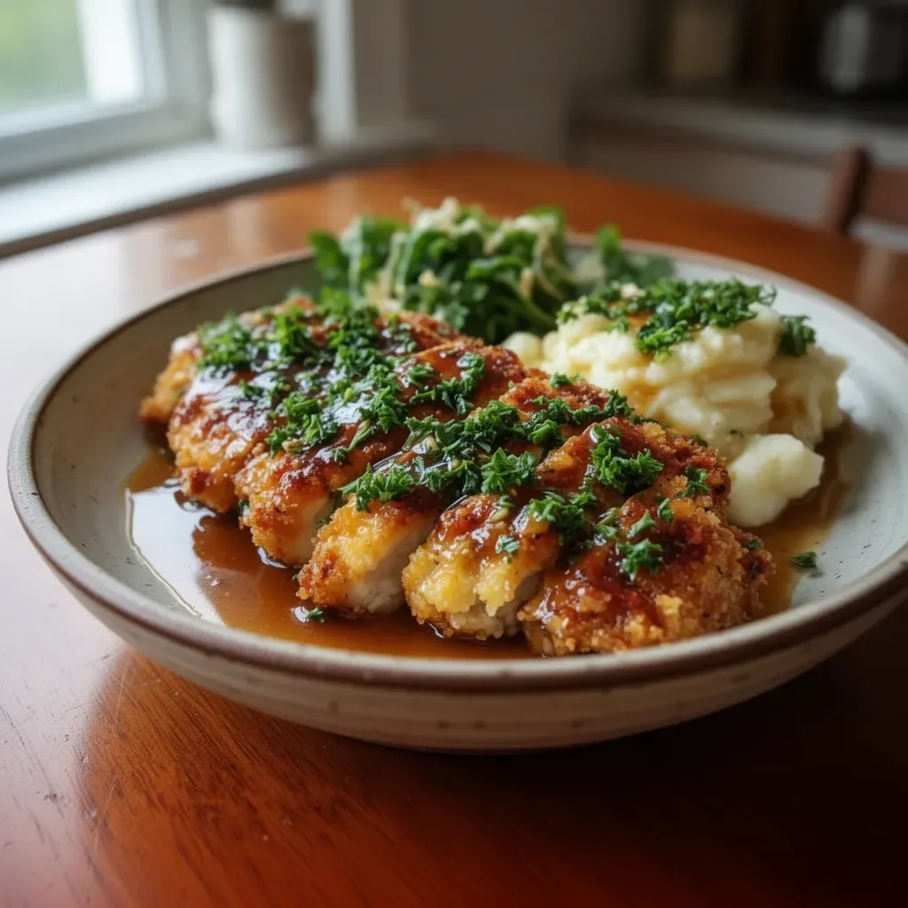Plate of crispy Parmesan chicken with rich garlic sauce and herbs